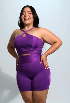 Conjuntinho plus size cintura alta com top trançado canelado