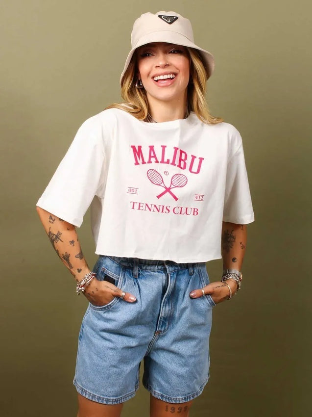 Cropped oversized feminino estampado de algodão sustentável