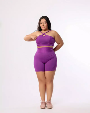 Conjuntinho plus size cintura alta com top trançado canelado